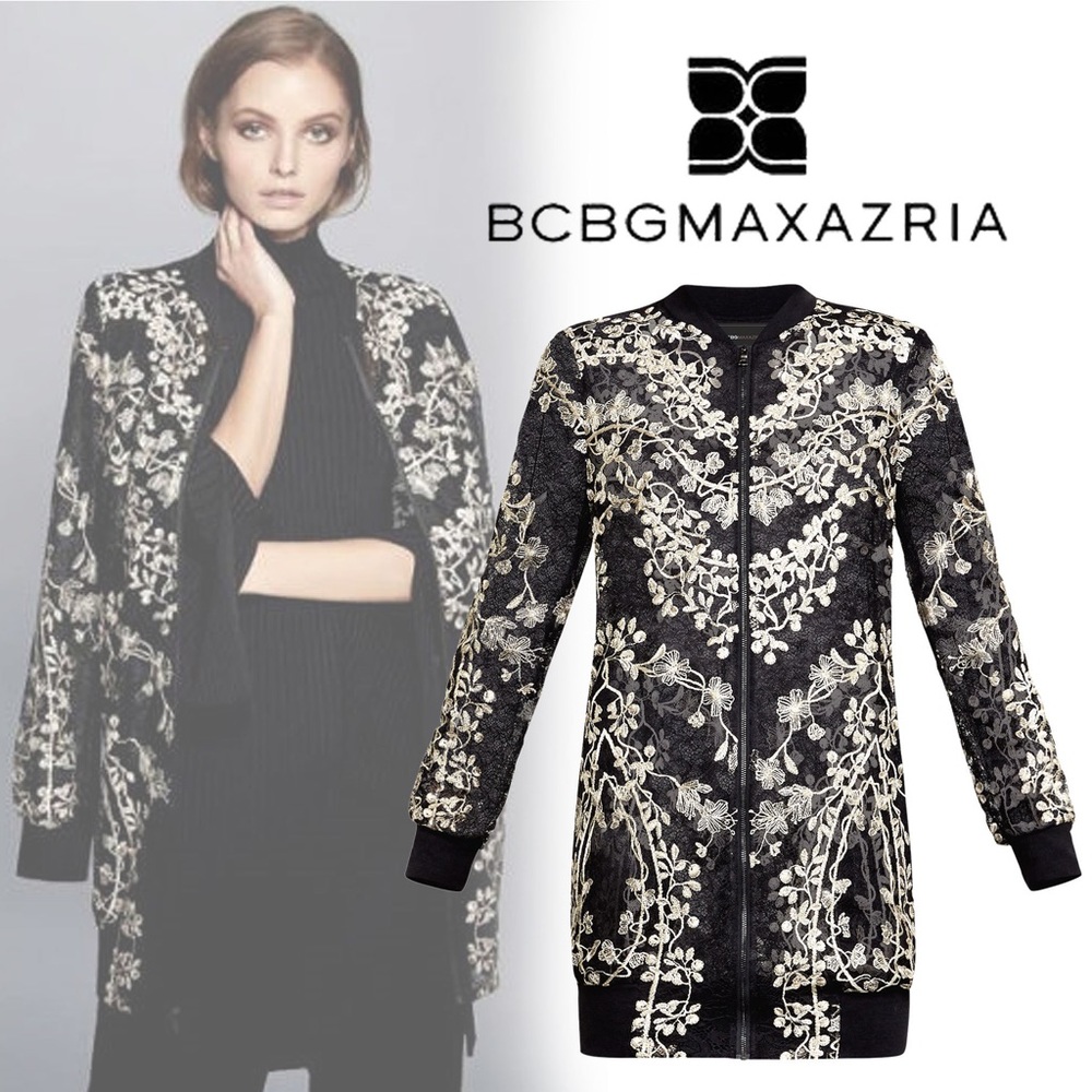 BCBGMaxAzria Gabriel Embroidered Lace Long Bomber Jacket
